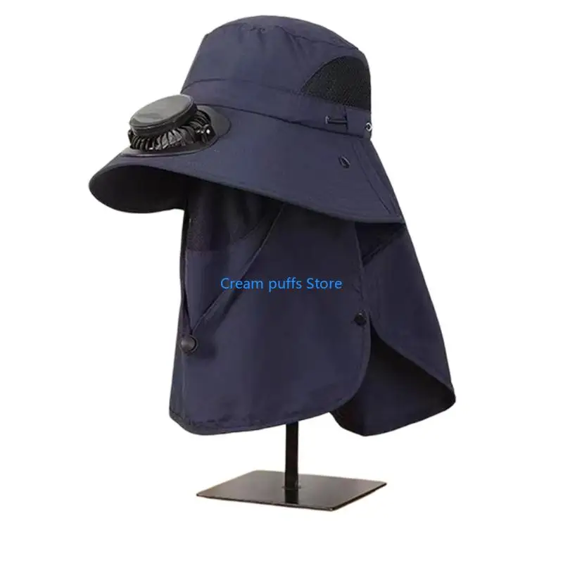 50LE Unisex Foldable Sun Hat Built In Solar Fan with Face Mask For Outdoor Activity