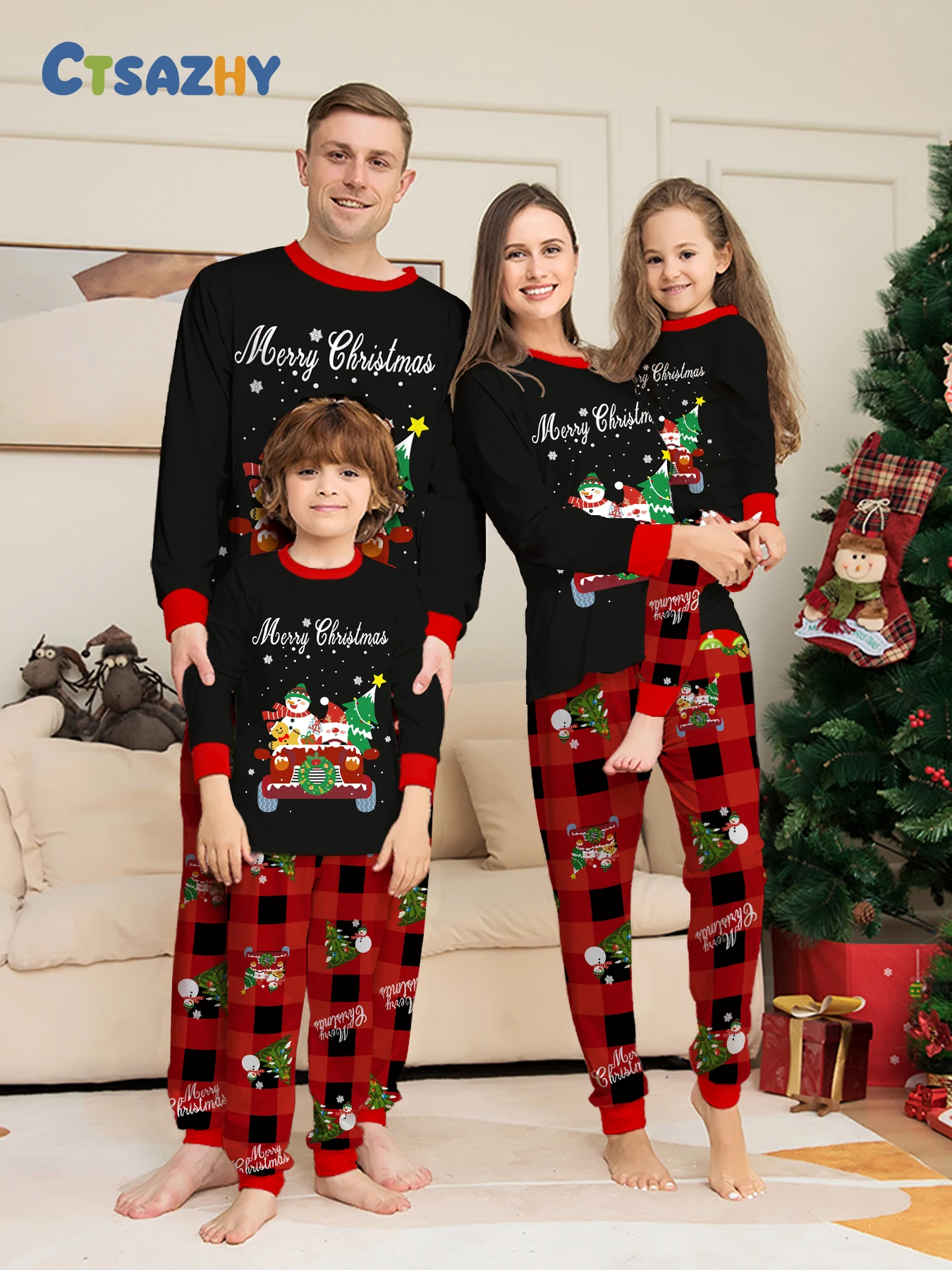 Family Christmas Pajamas Matching Parent-child Sleepwear Black Red Plaid Merry Christmas Print Xmas Gift Men Women Kids