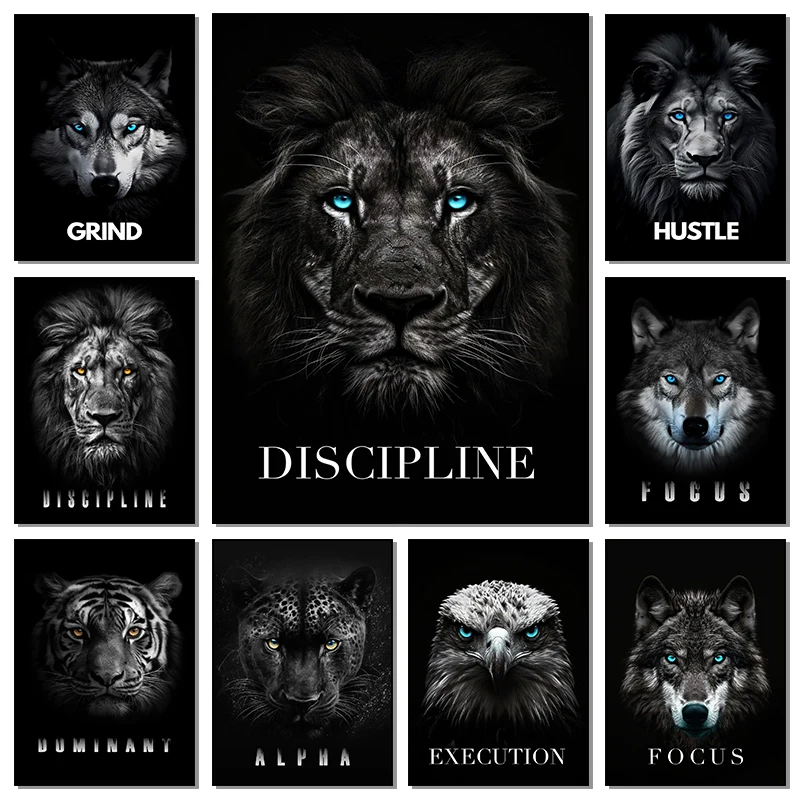 1pc Frameless Animal Motivational Wall Art Lion Wolf Leopard Canvas Entrepreneur Quotes Prints Posters Office