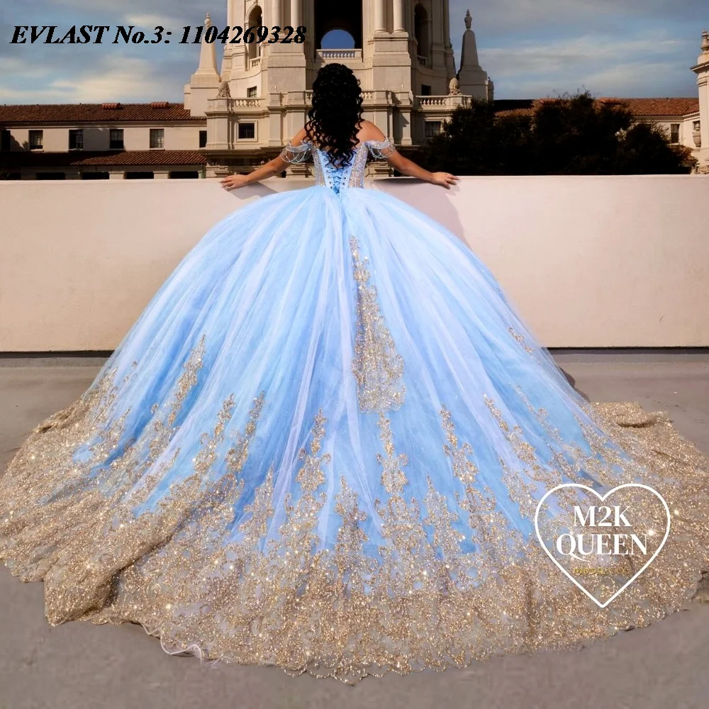 Evlast personalizado mexicano azul quinceanera vestido de baile ouro renda applique frisado espartilho doce 16 vestido de 15 anos e3q223