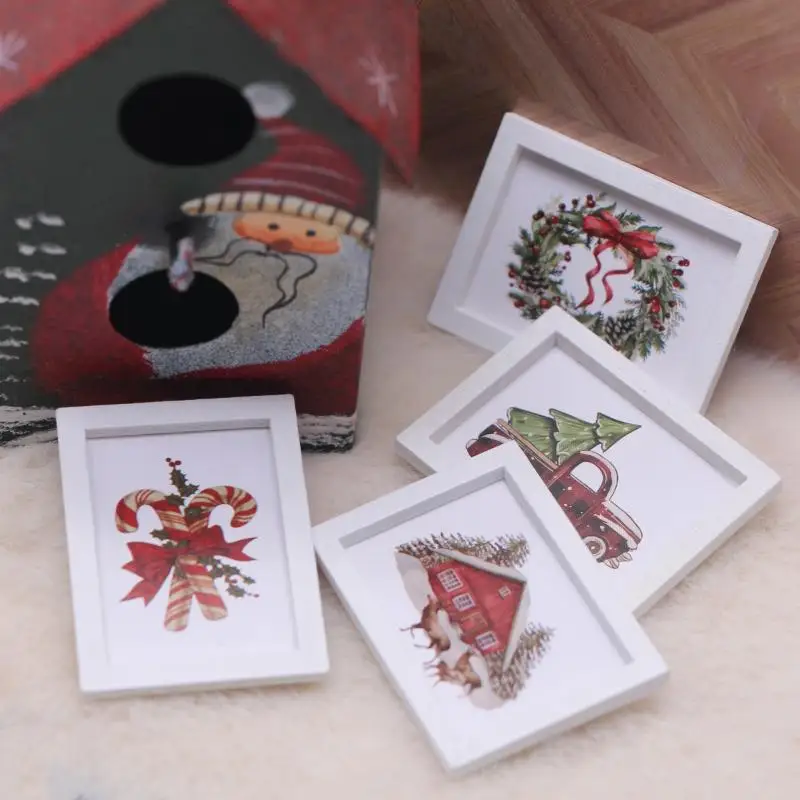 Poppenhuis Woondecoratie Poppenhuis Micro Kerst Scène Foto Props 1/12 Poppenhuis Mini Kerst Muurschildering Ornament
