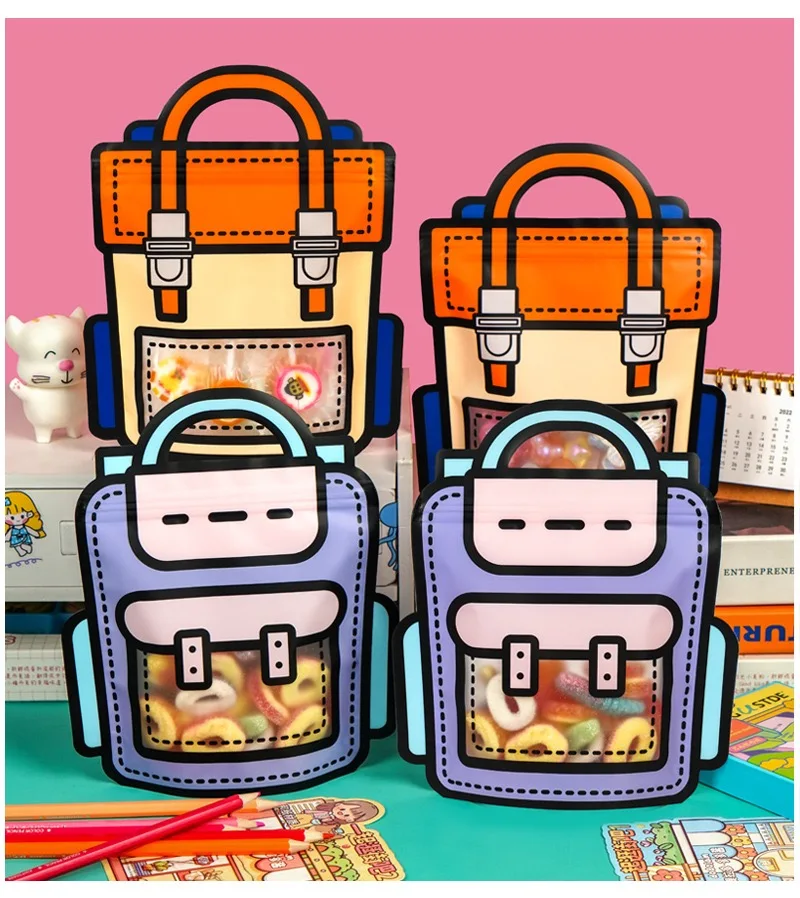 10-50 Stück Cartoon-Snackbeutel mit Selbstverschluss in Schulranzenform für Kekse und Süßigkeiten, Geschenkverpackung für Kindertag und Kindergeburtstag – Detail 2