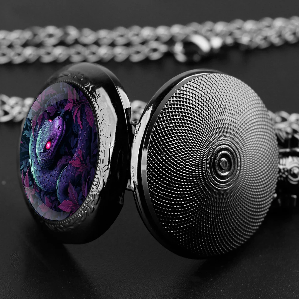 Incantevole orologio da tasca al quarzo nero con cupola in vetro serpente con quadrante con numeri arabi e catena resistente, regalo retrò per uomini e donne