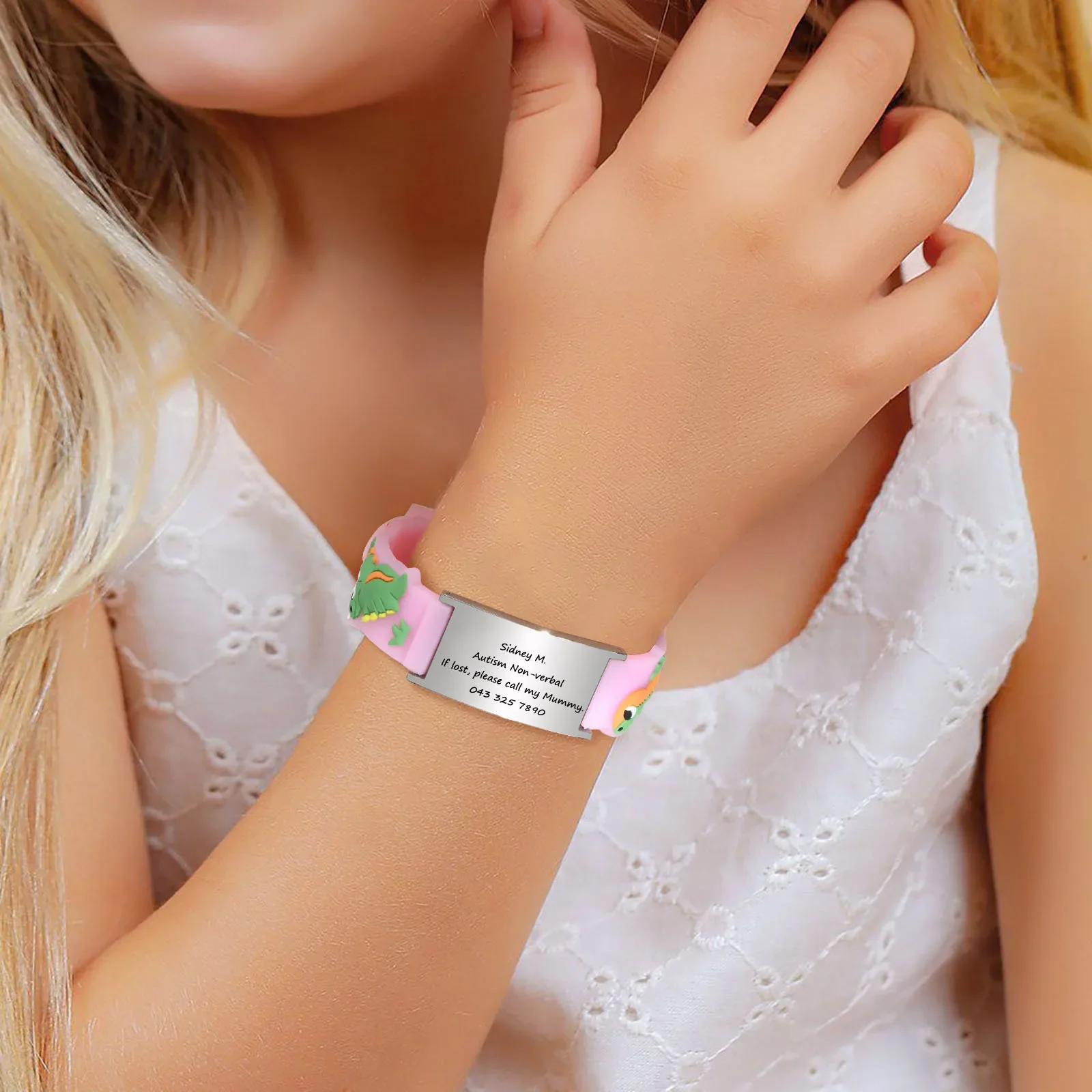 Pink Dinosaurs Silicone Strap Bracelets with Free Customize, If Lost Bracelets, Gift for Son Daughter Kids Child Newborn