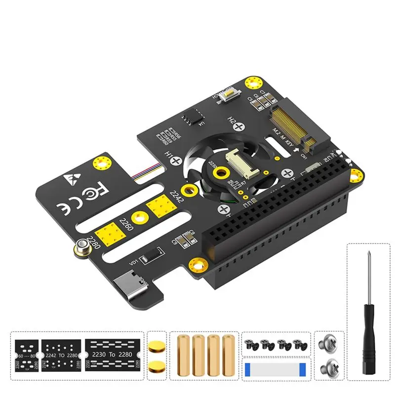 DT21 PCIe to M.2 NVMe SSD HAT for Raspberry Pi 5, 3IN1 Adapter Board Supports 2230/2242/2260/2280 NVMe SSD with Cooling Fan