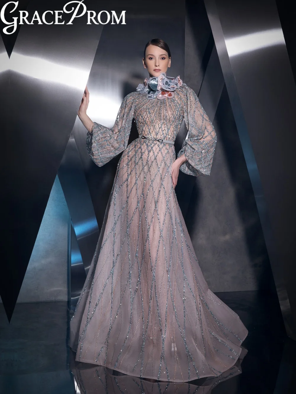 

Captivating Beaded A-line Tulle Evening Dress Without Necklace Long Sleeved Formal Party Gown Customized Elegant Banquet Gowns