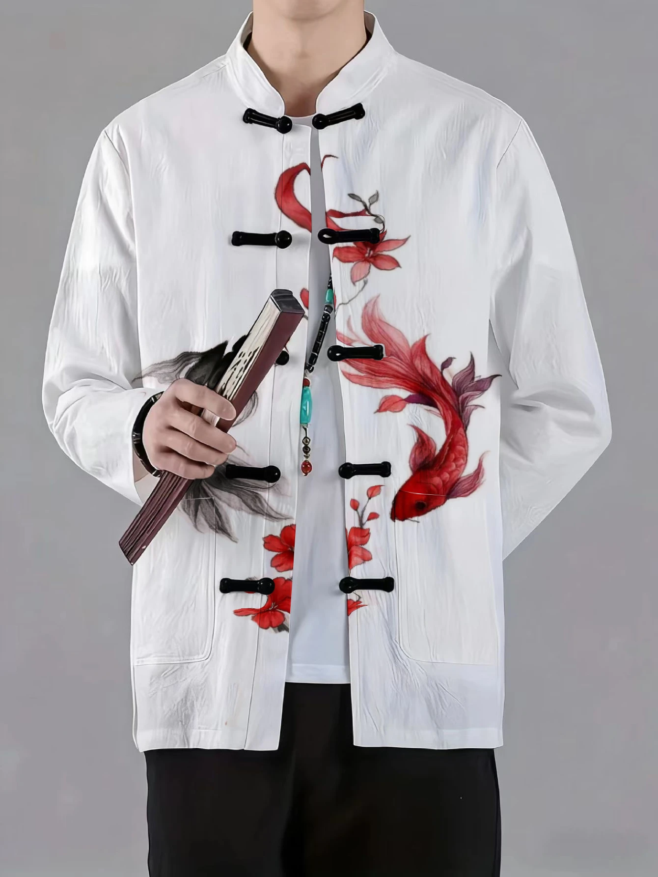 Men Men Mandarin Collar Frog Button Jacket Koi Floral Ink Painting Print Traditional Outer Coat - Aliexpress Deal