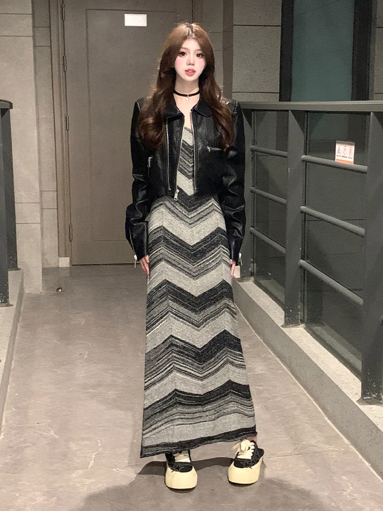

Retro American Motorcycle Short Leather Jacket Women's Autumn High-End Striped Halter Dress Two-Piece Set Fashionable Biker S...