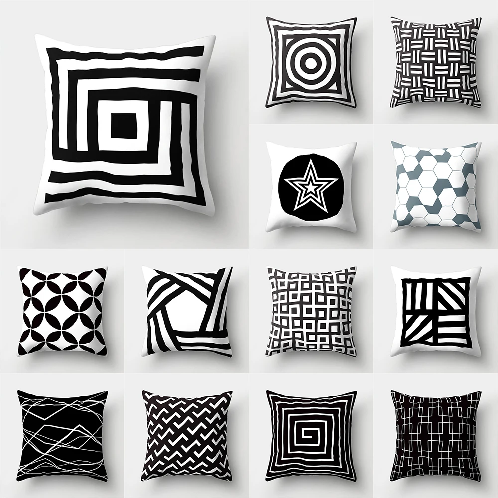 Black and White Geometric Line Star Print Pattern Cushion Cover Home Living Room Sofa Decor Throw Pillow  45x45cm