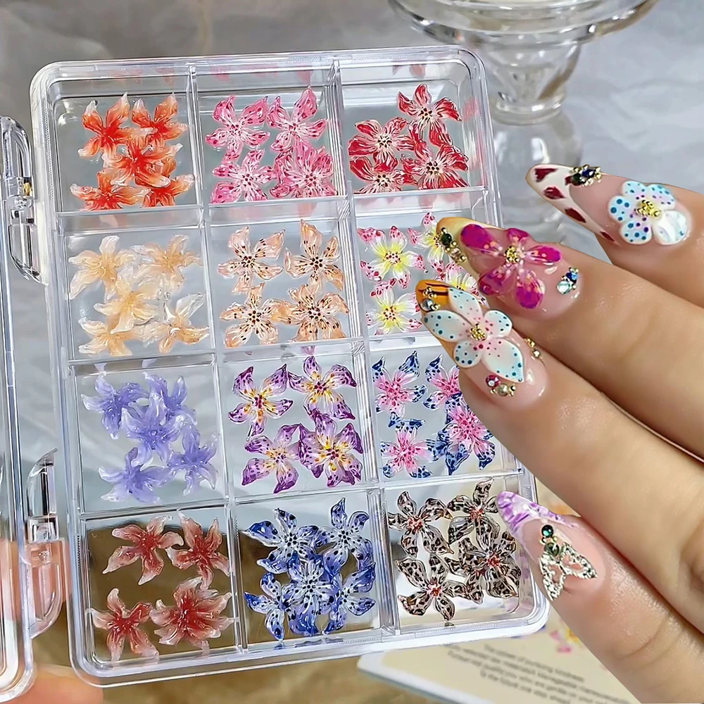 

12 сеток пятнистый леопардовый цветок лилии стразы для ногтей ледяные кристаллы цветок дьявола с плоской спинкой подвески для дизайна ногтей цветочные детали для маникюра