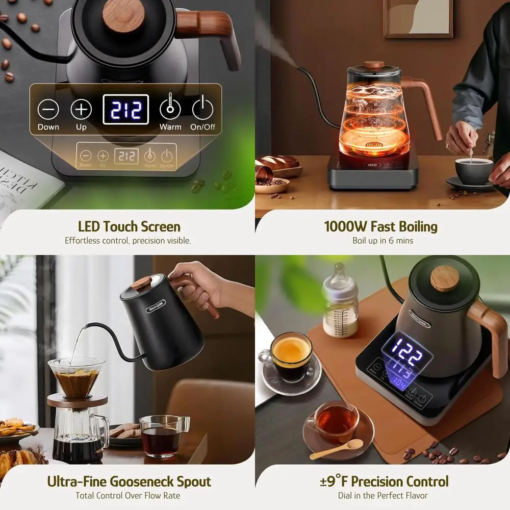 

0.8L Electric Kettle with Temperature Control, 4-Hour Warm, 1000W Fast Boil, Stainless Steel, Perfect for Coffee & Tea - Black