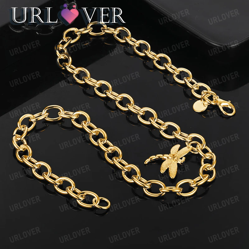 URLOVER kalung emas 18K untuk wanita, kalung rantai liontin capung zirkon, perhiasan pesta pernikahan hadiah ulang tahun