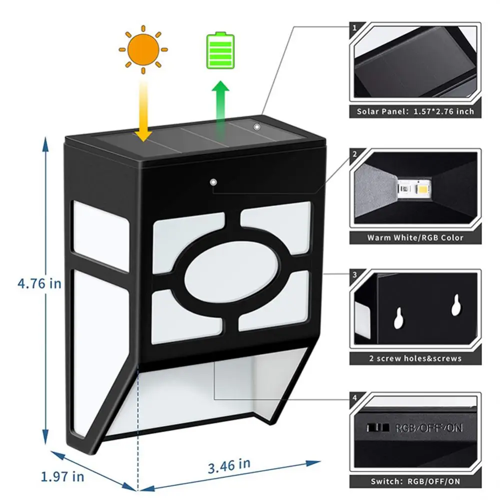 2LED 레트로 스타일 태양열 벽 램프, 야외 조명 램프, 정원 경로 조경 울타리 마당용 방수 장식 조명