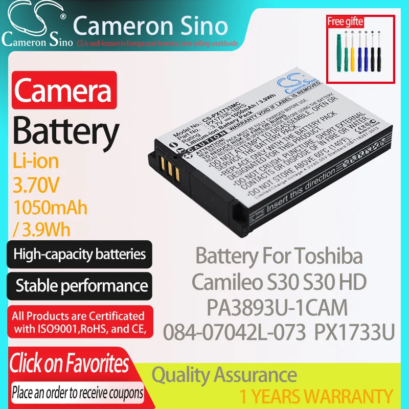 CameronSino Battery for Toshiba PA3893U-1CAM Camileo S30 S30 HD fits Toshiba 084-07042L-073 PX1733U Digital camera Batteries