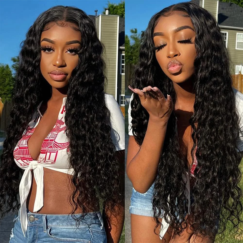 

34Inch 200% Density 4x4 Lace Front Wigs Human Hair Deep Wave Wig Brazilian Virgin Deep Wavy Lace Front Human Hair Put On and Go