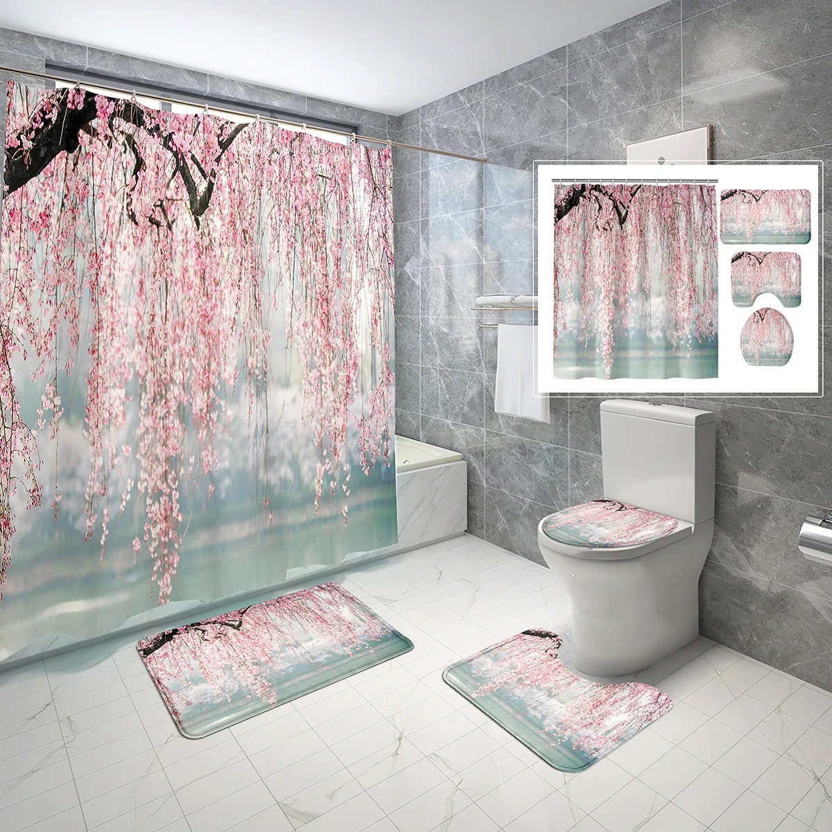 Pink Cherry Blossoms Shower Curtain Set Blooming Sakura 4 Pcs Shower Curtain Bathroom Non-Slip Bath Mat Toilet Cover Curtain Set