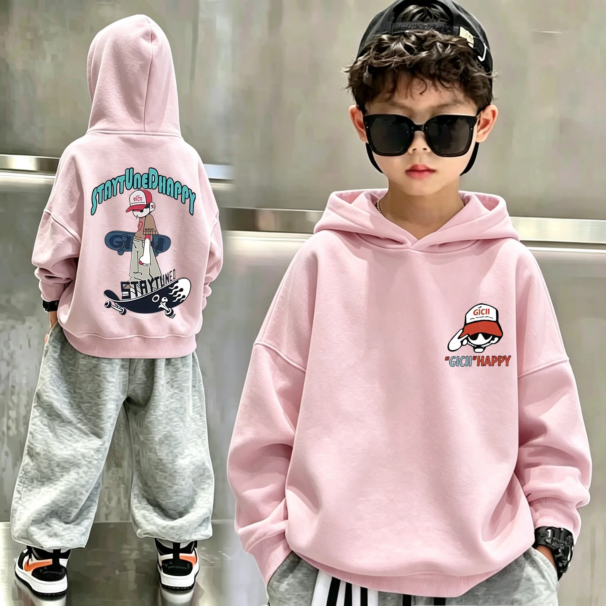 Korean version Skateboarding Boy Cartoon Double-Sided Printed Children's Hooded Sweatshirt, Trendy Sports Long-Sleeved T-shirt