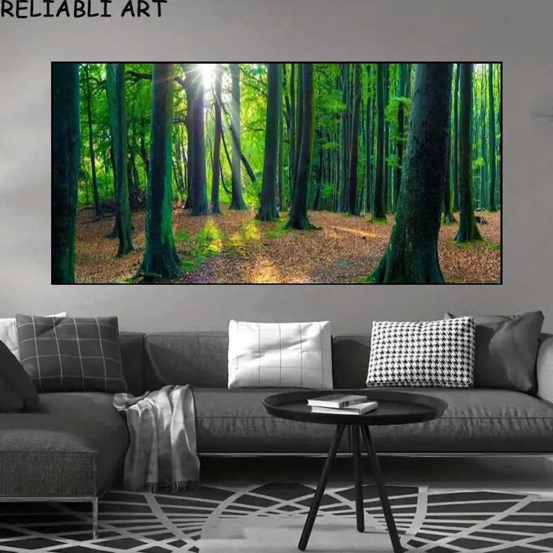 Sunshine Green Forest Tree Landscape Poster and Prints Natural Canvas Painting Wall Art For Living Room Home Decor No Frame