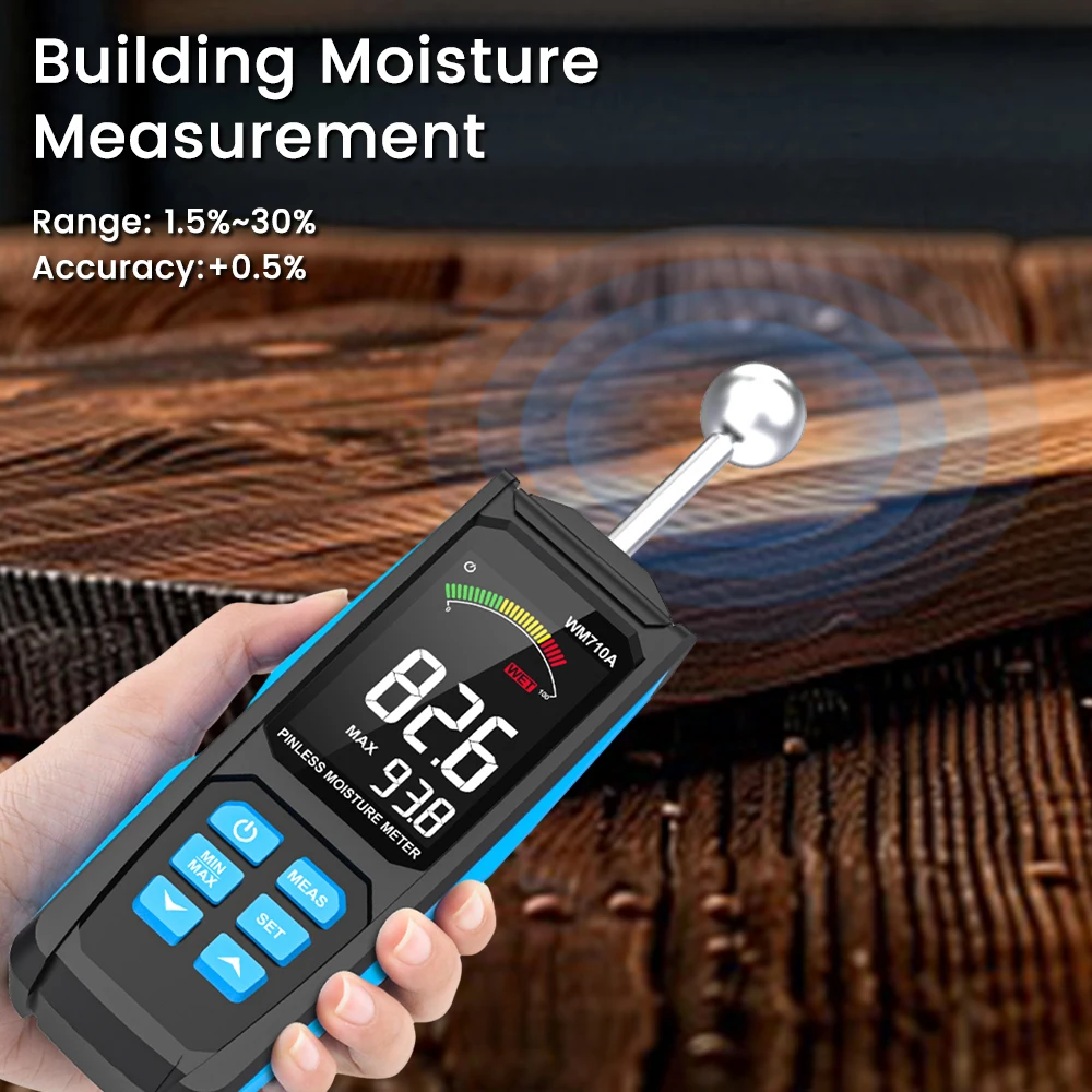 WM710A Digital Wood Moisture Meter Non-destructive Spherical Hygrometer Record Humidity Auto Detect Wettest Timber Damp Detector