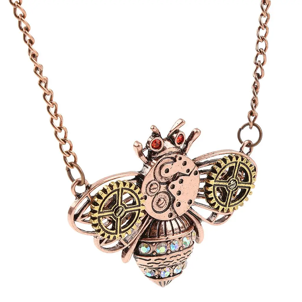 Retro Steampunk Gear Bee Pendant Chain Necklace Antique Copper Vintage Jewelry Gothic Unisex Accessories