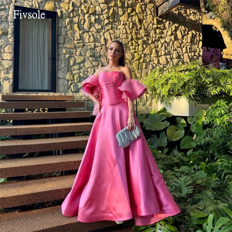

Fivsole Hot Pink Off The Shoulder A Line Prom Gowns Puff Sleeves Party Gown Floor Length Woman's Evening Dress 2026 Customized