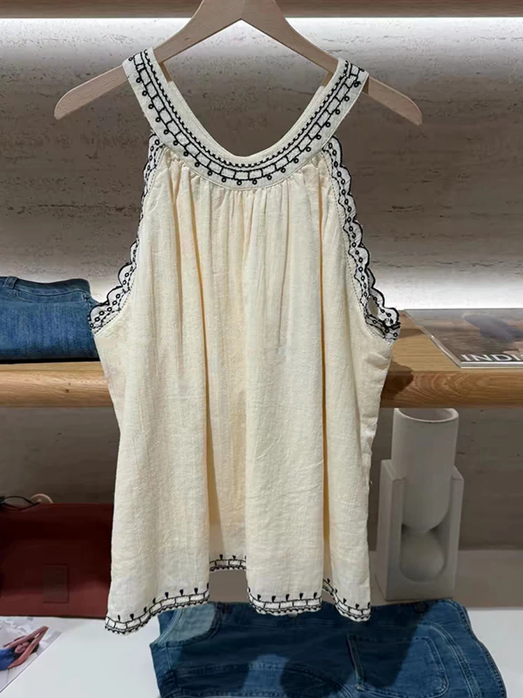 

Spring 2026 Comfortable Women's Embroidered Lace Trim Sleeveless round Neck Vest Sweet Style Pure Color Cotton 100% Backless Top