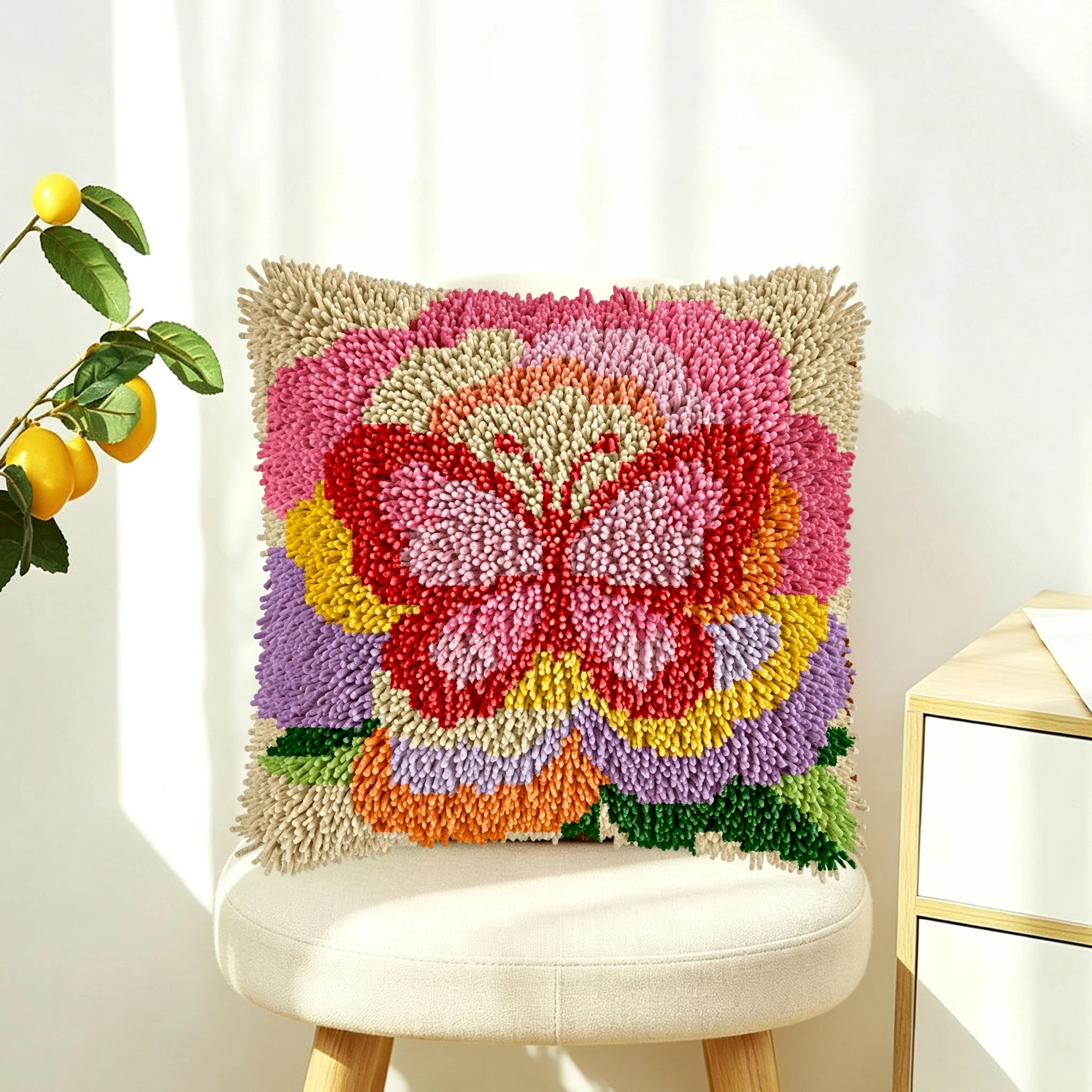 1 Set Großes Blumen-Schmetterlingsknoten-Kissen-Set mit Häkelhaken für Handarbeiten, Anfängerfreundliche DIY-Häkelsets – Detail 3