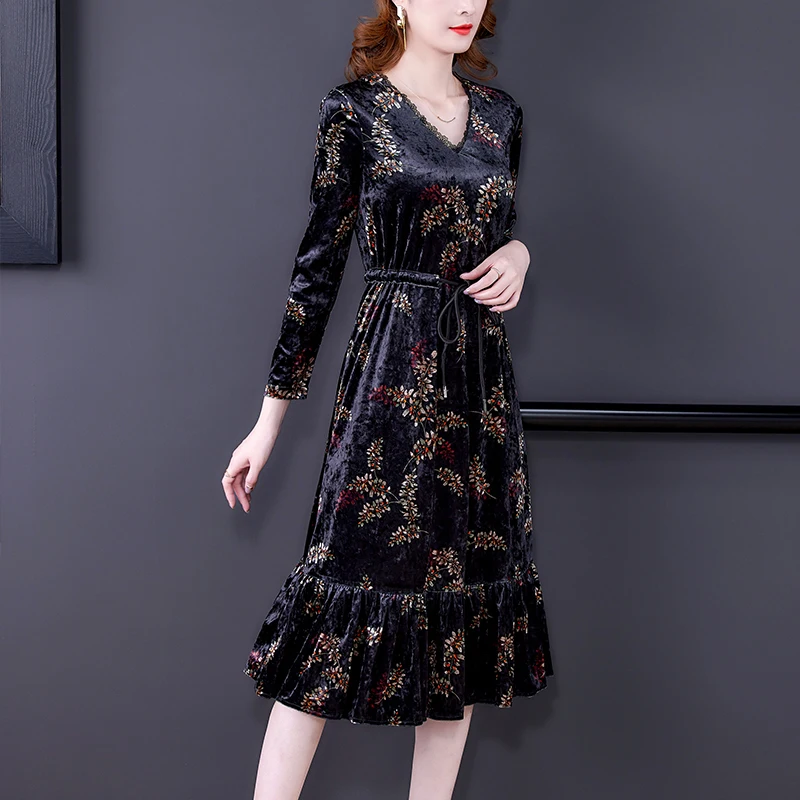 Black Natural Silk Velvet Dress Large Size Maxi Dress Autumn Korean Vintage Casual Dress  Women Elegant Bodycon Dress