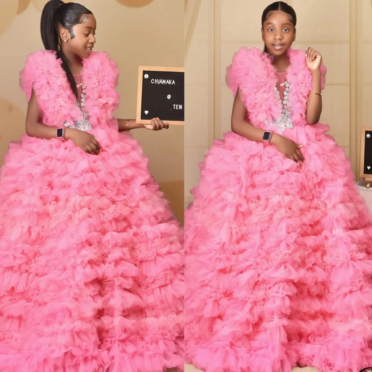 Abiti da festa di compleanno per ragazze rosa Abiti da ragazza di fiori con volant e applicazioni in pizzo per abiti da prima comunione personalizzati