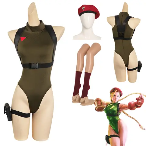 Halloween Cammy Cosplay Red Beret Green Jumpsuit Anime Game SF Disguise Fantasia Costume for Adult Women Roleplay Hat Outfits