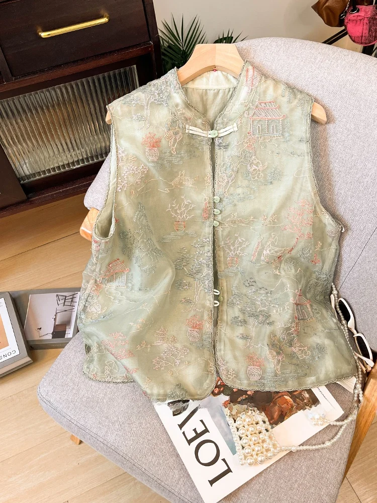 

Женский элегантный жилет в стиле ретро в китайском стиле с вышивкой, летняя верхняя одежда на пуговицах с воротником-стойкой и тяжелой вышивкой