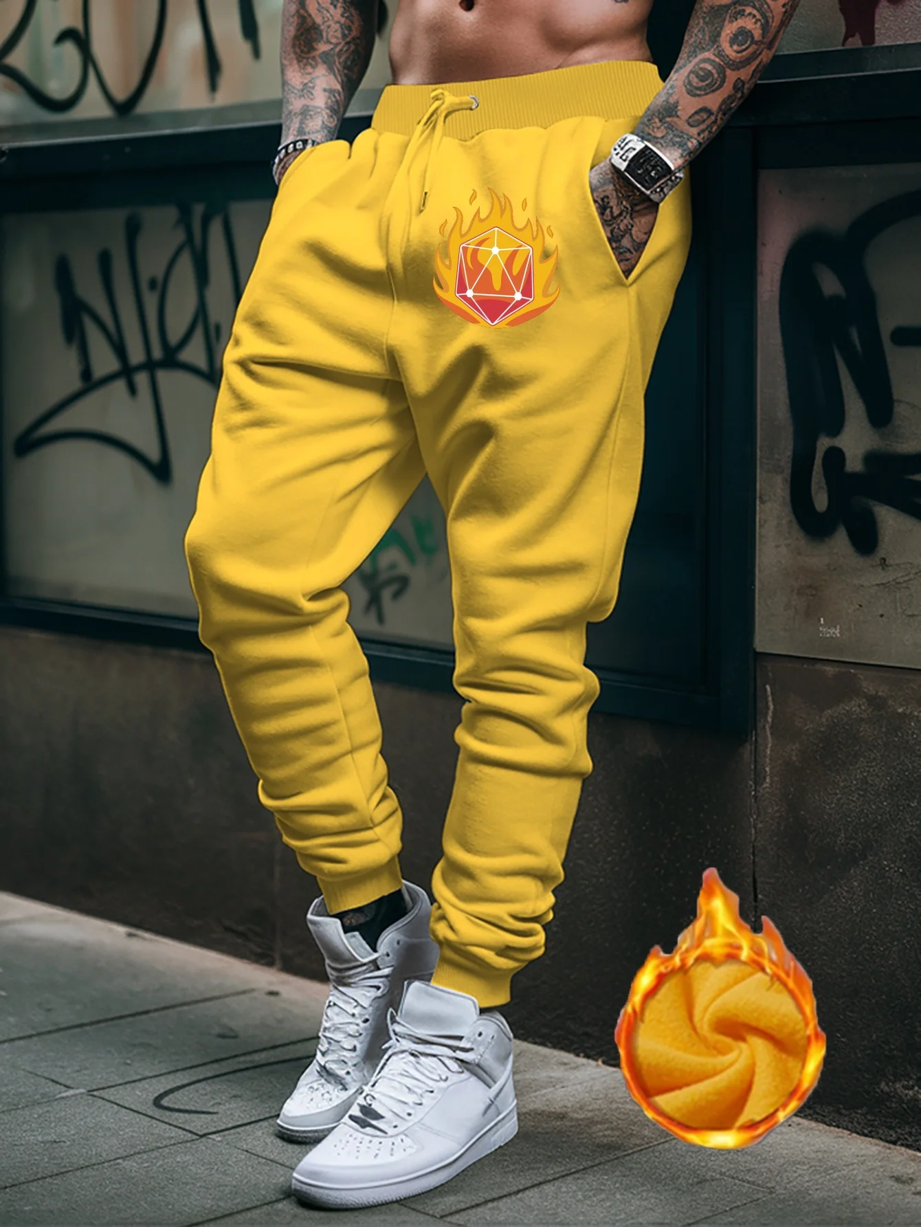 Geek‑crafted Burning Flame Polyhedral Dice Fantasy Motif Print Cozy Daily Men Sweatpants Hip Hop Sports Jogger Trousers