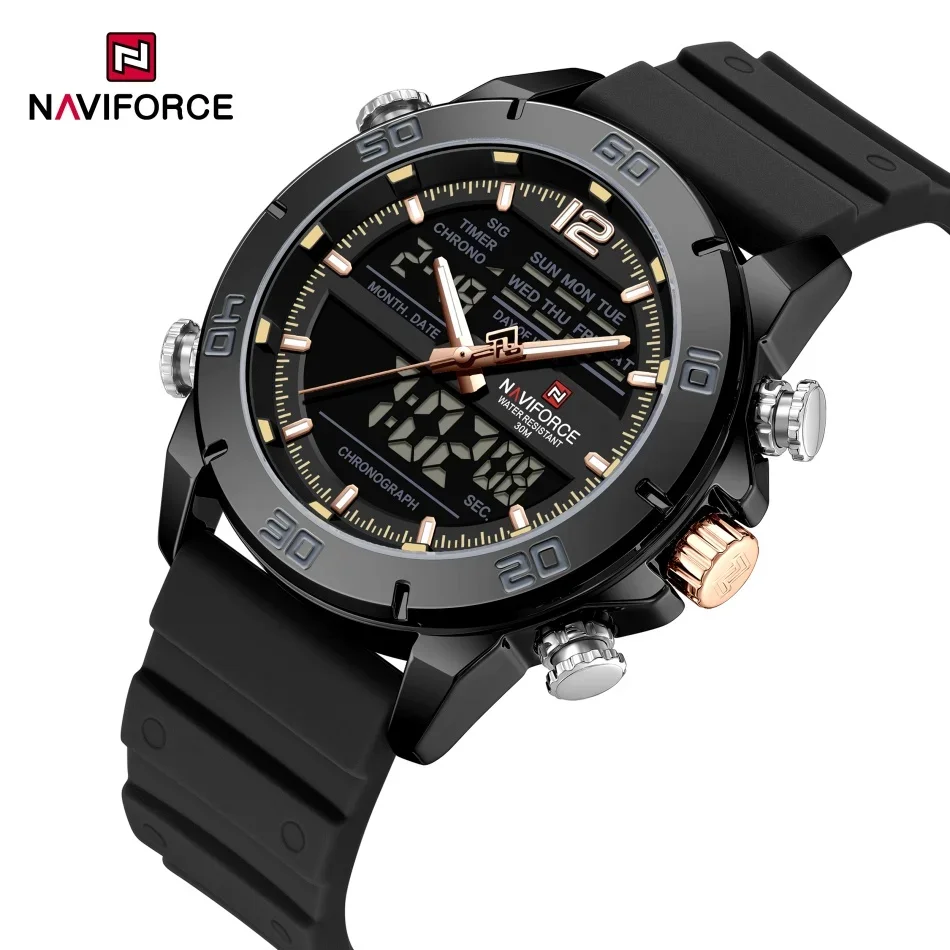 Nuovo stile NAVIFORCE Design Orologio da uomo Impermeabile Morbido cinturino in silice Cronografo Giorno e data Orologio da polso al quarzo di lusso Reloj Hombre