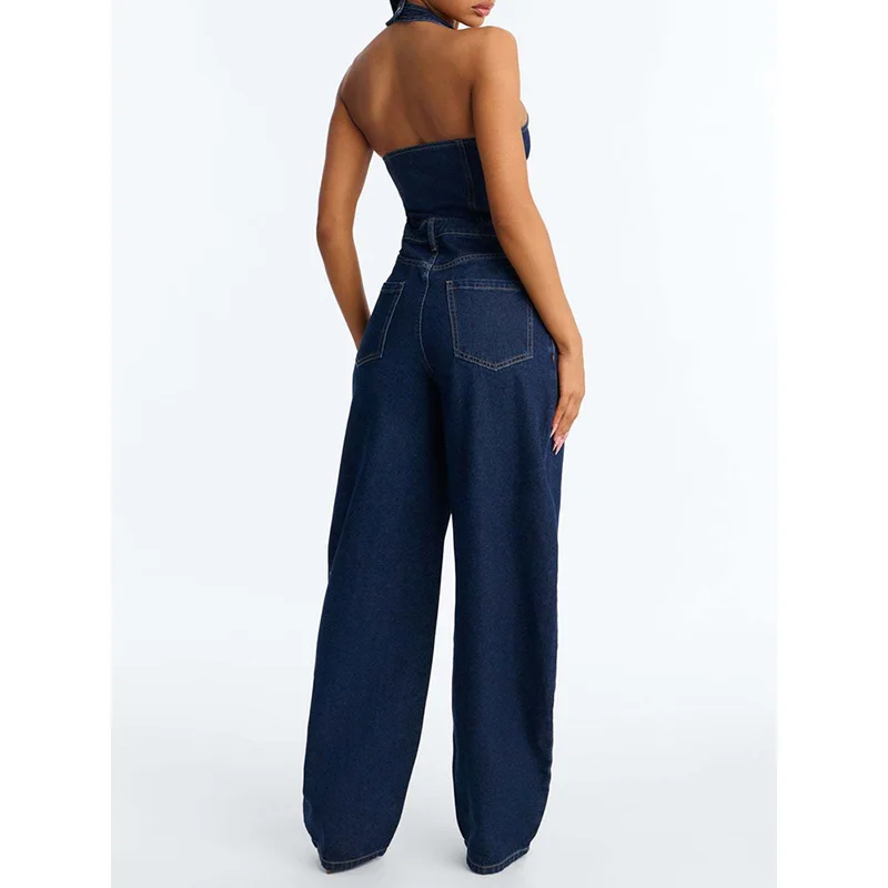 Picture 3: Slergiri Half Button Halter Denim Jumpsuit Women Fashion New 2026 Summer Sexy Backless Pocket Streetwear Baggy Wide Leg Jumpsuit