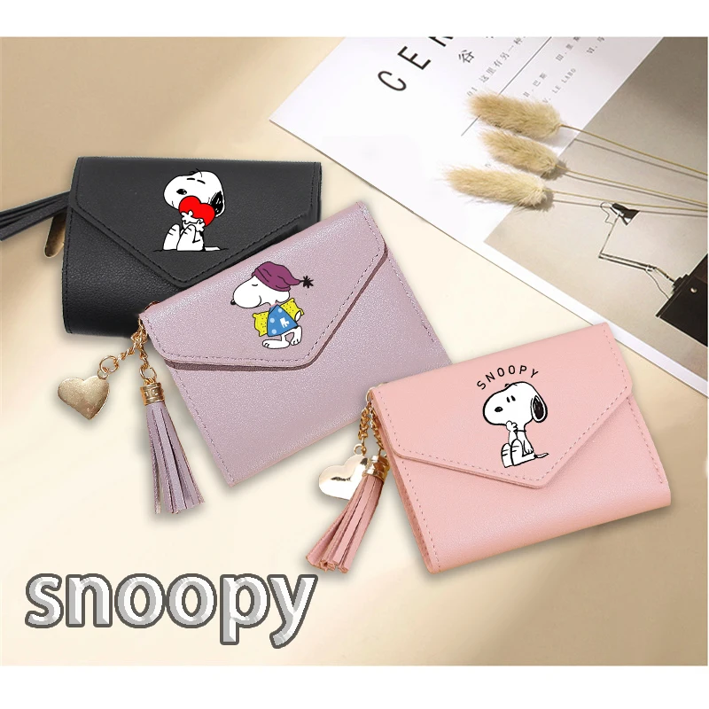 Snoopy Women Short Wallet Fashion Coin Purse for Girl Card Holder Cute Small Ladies PU Leather Female Tassel Pendant Buttons Bag