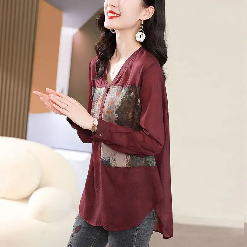 Summer New Fashion Printed Spliced V-Neck Button Shirt 2023 Women\'s Clothing Casual All-match Long Sleeve Thin Blouse Female