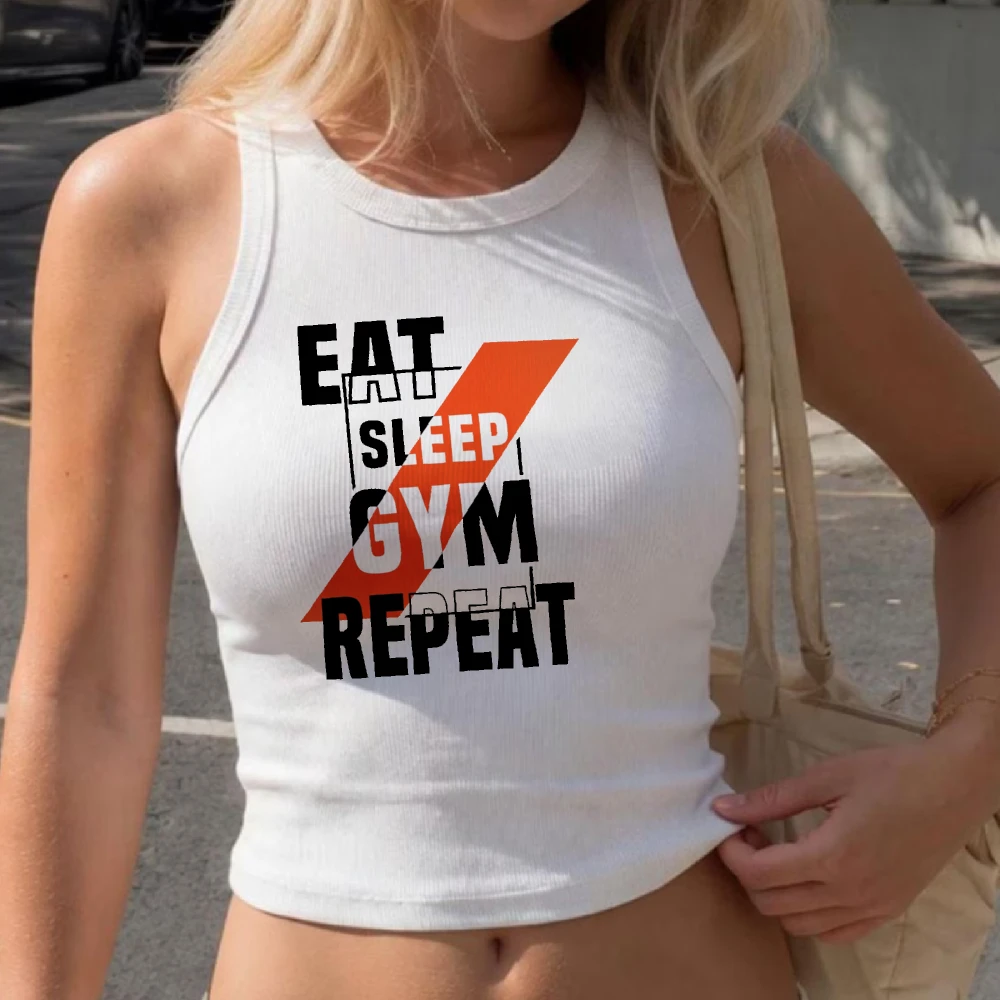 Eat Sleep Gym Repeat Ribbed Tank Top Funny Fitness Camisole Workout Gym Tee Exercise Motivation Training Apparel Y2k Crop Top