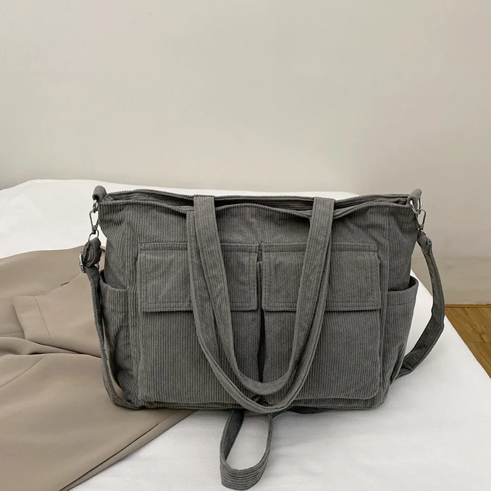 

Простая вместительная сумка-тоут из вельвета, элегантная однотонная сумка через плечо с множеством карманов, винтажная повседневная сумка, сумка для отдыха