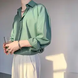 Style Ice Silk INS Temperament Retro Drape Free Ironing Green White Shirt Men Women Long Sleeve Handsome Korean Version Loose