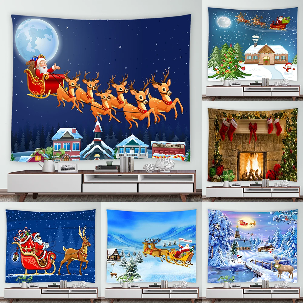 Merry Christmas Cedar Reindeer Santa Claus Print Pattern Tapestry Home Living Room Bedroom Wall Decor Backdrop Cloth 