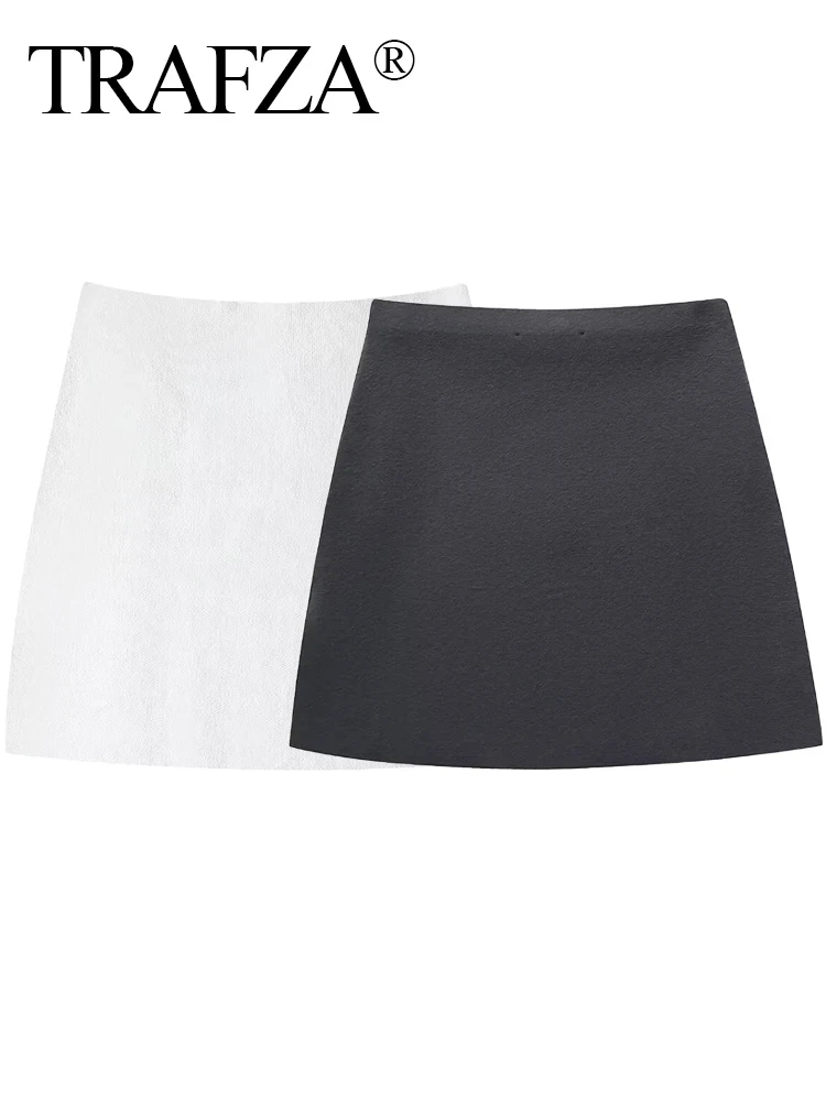 TRAFZA Women New Spring Fashion Short Skirts Grey White High Waist Elastic Waist Mini Skirts Elegant Female Casual Slim Skirts