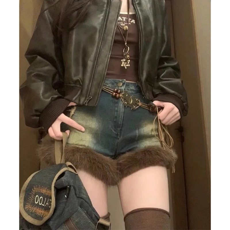 MEXZT Y2K 2000S Fur Denim Shorts Women Vintage Patchwork Short Jeans Winter Streetwear Sexy High Waist Slim Short Hot Pants New