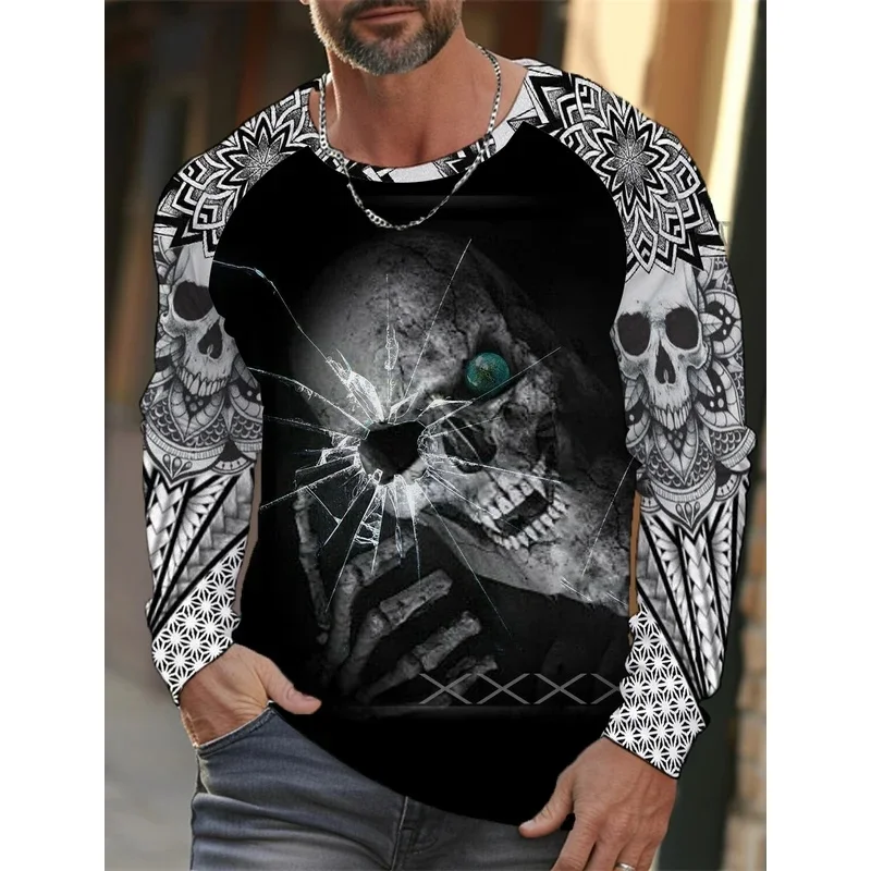 Men's long-sleeved T-shirt 3D printed high-definition skull stitching printing men's autumn tops casual round neck home clothes