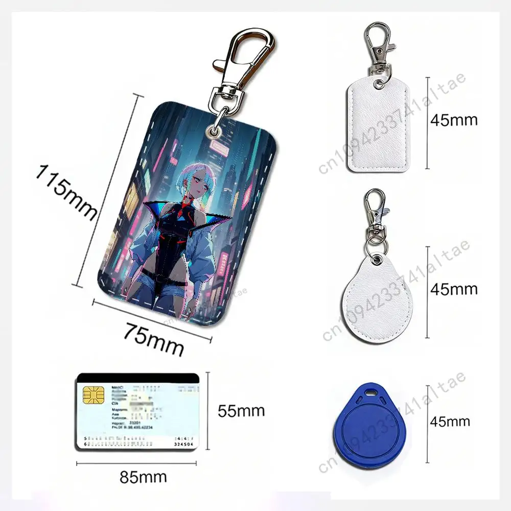 Lucy C-Cyberpunk E-Edgerunners Rectangle Card Case Keychain Access Card Bag Key Tag Ring Leather Card Holder Key Ring Access