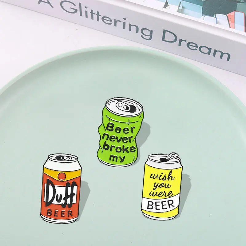 Beer Can Enamel Pin Custom Duff Beer Brooch Bag Clothes Lapel Pin Wish You Were Beer Badge TV Jewelry Gift for Fans Friends