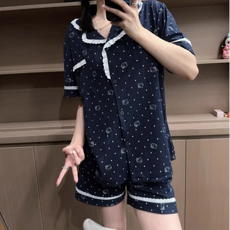 

Черная пижама Hello Kitty, новые хлопковые шорты с короткими рукавами Sanrio, комплект из двух предметов, милая домашняя одежда с лацканами Sanrio Hello Kitty с героями мультфильмов