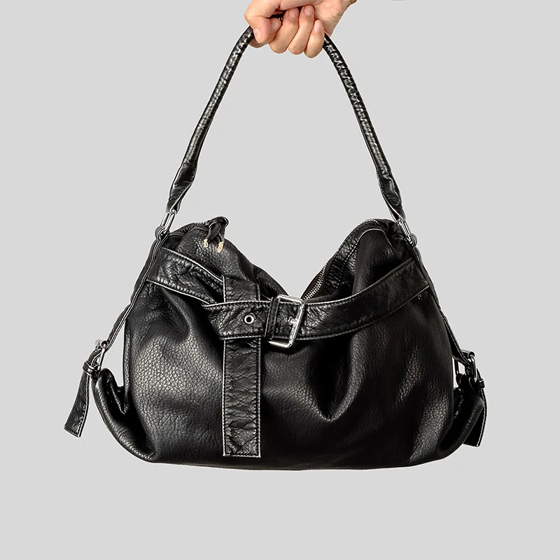 

Ретро-сумка-тоут из мягкой искусственной кожи большой вместимости с кожаной пряжкой, мотоциклетная сумка через плечо для женщин