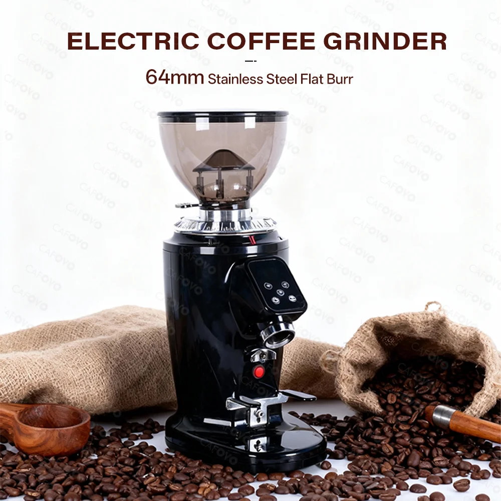 CAFOVO G264F 64mm 플랫 버 커피 그라인더 디지털 타이머 포함 에스프레소용 정전기 방지 싱글 도즈 그라인더 커피 밀