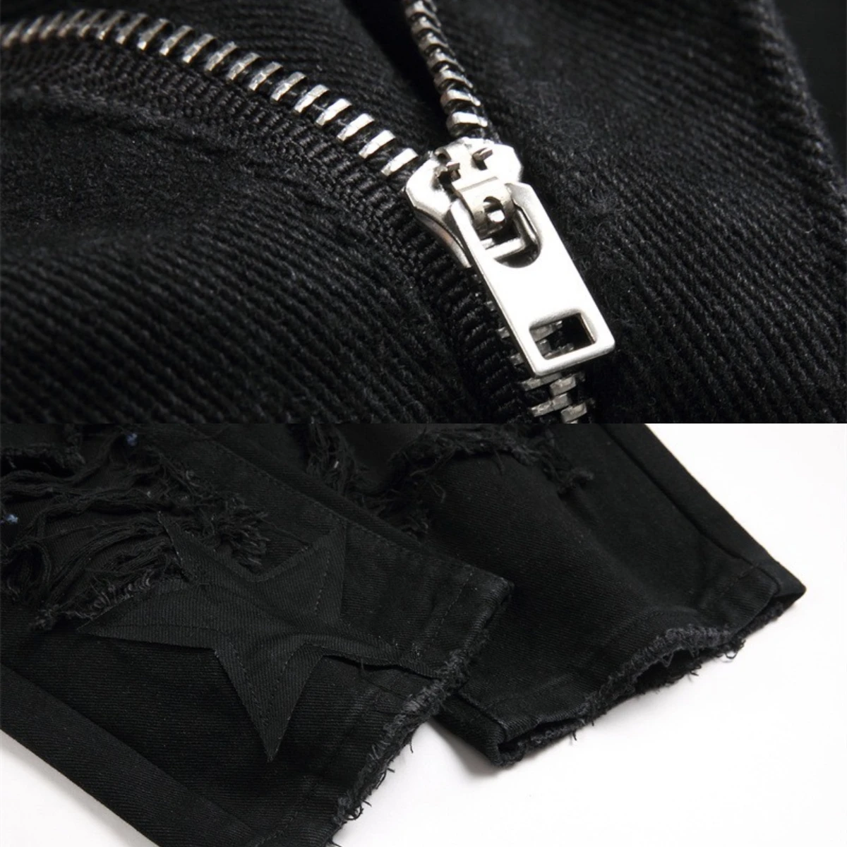 Rock Star Embroidered Jeans Men Patchwork Leather Badge Slim Fit Broken Holes Long Pants Scratched Vintage Elastic Hip Hop Motor