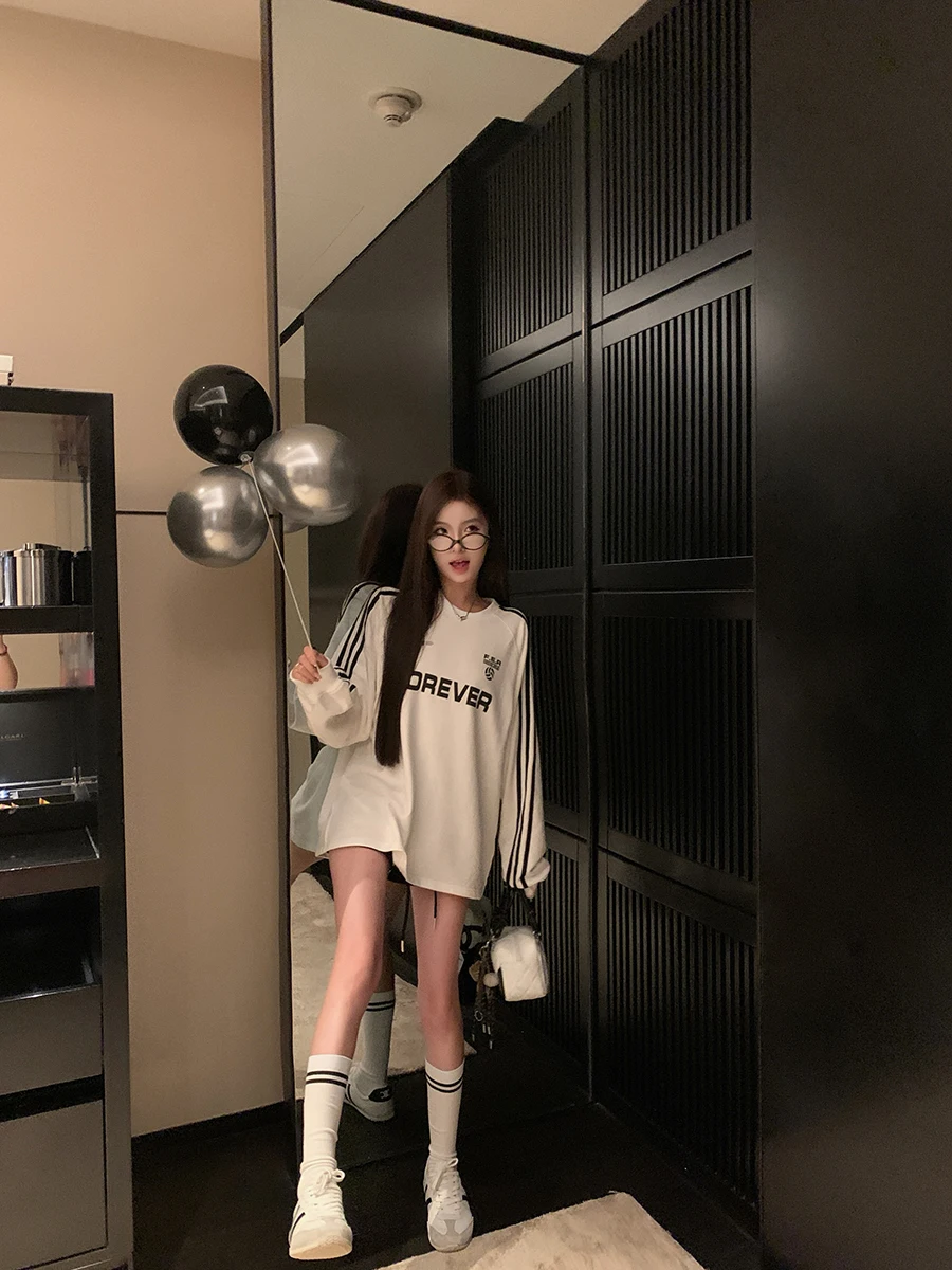 

IBELL ZHANG New 00% Cotton American Casual Design Sweatirt Women's round Ne Long Sve Top Summer Faion Ladies Tee